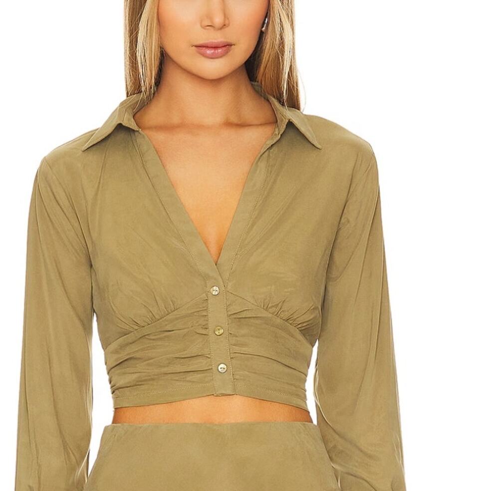 SOVERE Olive Crop Top XS Club Ruched Button Up Long Sleeve Designer $169 NEW